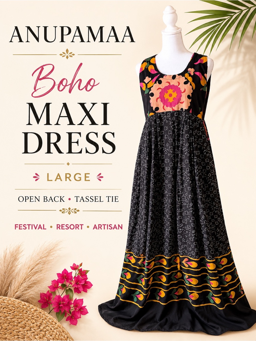 Anupamaa Boho Maxi Dress Large Black Floral Folk Art Tassel Tie Back Resort